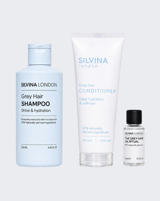 Silvina London hair care products including shampoo, conditioner, and oil on a white background